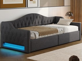 Rozkładana kanapa tapicerowana 90×200 cm - z taśmą LED - schowek - z łóżkiem listwowym - szara