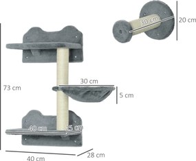 PawHut Drzewko Wspinaczkowe dla Kota Szare z Ścianą do Wspinaczki 40x28x73cm Stabilne i Trwałe | Aosom PL