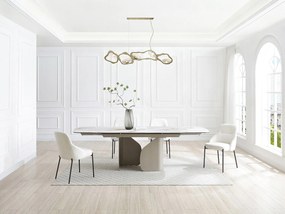 Rozkładany stół jadalniany dla 6–10 osób z ceramiki, hartowanego szkła i metalu w kolorze taupe – efekt białego marmuru – CAMUVO od Maison Céphy.