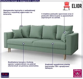 Miętowa sofa rozkładana z pojemnikiem na pościel - Diamante