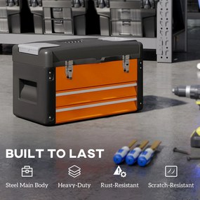 HOMCOM Pusta Skrzynka na Narzędzia, 49,7 x 25,3 x 28,9 cm, Skrzynka z Szufladą i Mini-Skrzyneczką, Stal Pomarańczowa