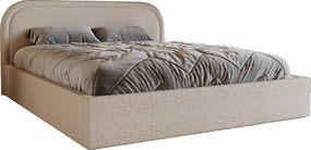 Łóżko bouclé 140x200 Dune, dwuosobowe z okrągłym zagłowiem, pojemnik, stelaż drewniany - beżowy