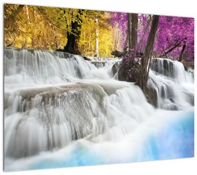 Obraz na szkle wodospadu Erawan w lesie (70x50 cm)