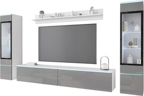 Zestaw mebli do salonu z LED 4 elementy – szafka RTV 180 cm, 2 witryny i półka, stojąca lub wisząca, korpus biały mat, fronty szary połysk