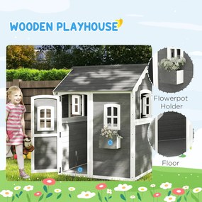 Outsunny Domek dla dzieci, do wewnątrz i na zewnątrz, z drzwiami, oknami i skrzynką na rośliny, Drewno świerkowe, Szary