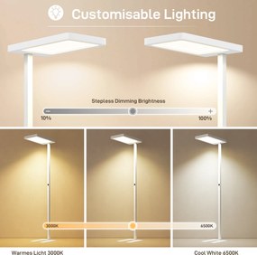 HOMCOM Lampa stojąca LED, łagodne dla oczu światło, lampa podłogowa z pilotem, regulacja jasności, tworzywo sztuczne, metal, biały