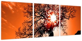 Obraz - Dąb o zachodzie słońca (z zegarem) (90x30 cm)