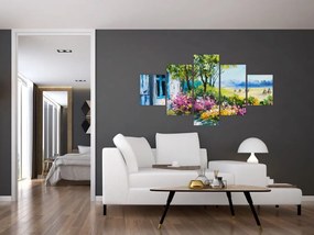 Obraz ogrodu przed domem, obraz olejny (125x70 cm)