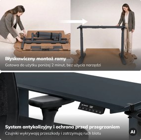 Biurko elektryczne z regulacją wysokości ergonomiczne antracytowo-białe, 1200x600 mm: ARIA