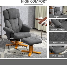 HOMCOM Regulowany fotel z pufą z wysokim oparciem i drewnianą ramą do salonu, sypialni, Ciemnoszary