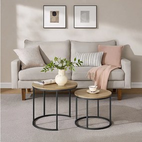 Zestaw 2 okrągłych stolików kawowych Valora – blat z dębu sonoma z czarnymi nogami