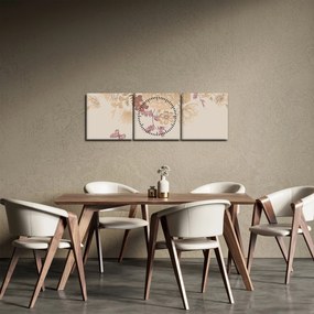Obraz - Vintage kwiaty i motyle (z zegarem) (90x30 cm)
