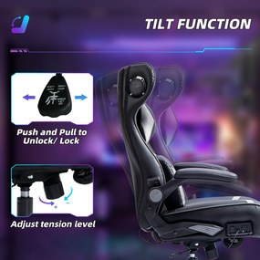 Vinsetto Ergonomiczny fotel gamingowy z funkcją kołysania i głośnikami, wsparcie lędźwiowe i na szyję, do pokoju gracza, sztuczna skóra, Szary+Czarny