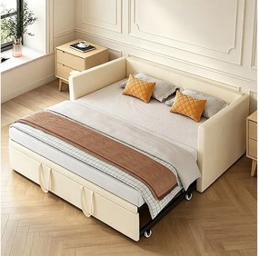 Składana sofa łóżko z beżowego aksamitu 90-180x200 cm, nowoczesny design, solidna, bez schowka, dla dorosłych i dzieci