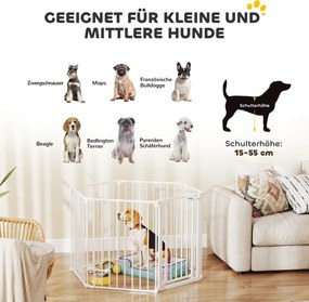 PawHut Ogrodzenie dla zwierząt, 6-panelowa bariera z drzwiami, składana, dla małych i średnich psów, tworzywo sztuczne, stal węglowa, Biały