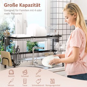 HOMCOM Suszarka na Naczynia, 2-Poziomowy Stojak z Hakami, Talerzami, Akcesoriami, 100 cm Stal, Czarny