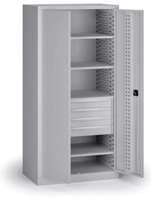 Szafa warsztatowa na narzędzia KOVOS, 4 półki, 4 szuflady, perforowana, 950 x 600 x 1950 mm, szary