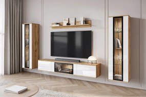 Nowoczesna meblościanka do salonu z LED 2 witryny i szafka RTV 180 cm korpus dąb wotan fronty biały połysk