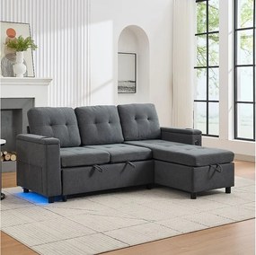 Sofa rozkładana 3-osobowa - 208 x 146 x 89,5 cm - ze zintegrowaną przestrzenią do przechowywania + diody LED - Materiał - szary