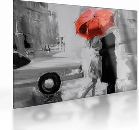 Obraz na szkle - Zakochana para pod parasolem, czerwony (70x50 cm)