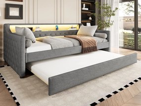 Kanapa z funkcją spania 90 x 200 cm - z oświetleniem LED - z wysuwanym łóżkiem - z USB - len - z stelażem na listwy - szary