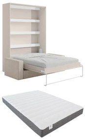 Łóżko chowane w szafie 140 x 200 cm - Otwierane pionowo manualnie - Z oświetleniem LED - Beżowe + Materac + Kanapa - RAPILI