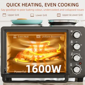 HOMCOM 28 L Mini Piekarnik, Kompaktowy Piekarnik do Gotowania i Grillowania, Elektryczny Piec z Blachą, Rusztem, 2600W - Czarny