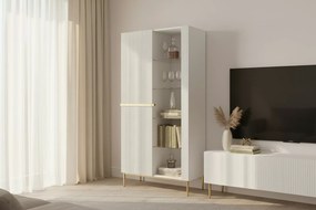 Witryna Nicole 100 cm z ryflowanym frontem - biały mat / złote nóżki