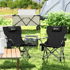 Outsunny Zestaw 2 składanych krzeseł kampingowych z odpinanym podnóżkiem, podgłówkiem i uchwytem na napoje, nośność 120 kg, Czarne