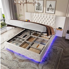 Łóżko tapicerowane ze schowkiem - 160 x 200 cm - z szerokim zagłówkiem + diody LED + port USB - schowek hydrauliczny - aksamit - beż