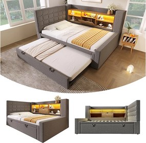 Łóżko tapicerowane 90 x 200 cm z wysuwaną sofą 90 x 190 cm - z oświetleniem LED + zagłówek ze schowkiem - len - szary