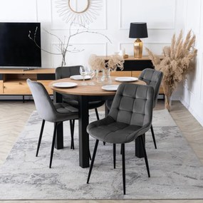 Zestaw Stół Okrągły Rozkładany HARRY 102-142 cm Dąb Craft/Czarny i 4 Krzesła Tapicerowane CHRIS Szare Nowoczesne