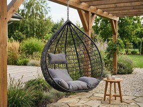 Czarne wiszące krzesło KOKON bez stojaka, jasna poduszka