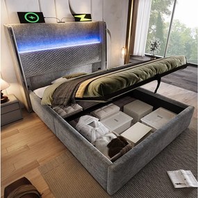 Łóżko dziecięce z pojemnikiem 90x200 cm z portem USB i LED, zagłówek wyściełany - len szary (bez materaca)