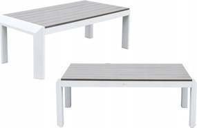 Zestaw mebli ogrodowych biały aluminium sofa fotele stolik drewniane detale