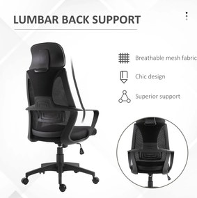 Vinsetto Krzesło Biurowe, Krzesło Biurkowe z Funkcją Bujania, Regulowane z Podparciem Głowy, Wsparciem Lędźwiowym - Czarny