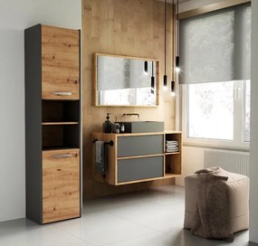 Wysoka szafka łazienkowa z półkami antracyt + dąb artisan - Boleris 3X