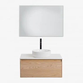 Zestaw Wiszących Mebli Łazienkowych Z Drewna Jesionowego Tedrik Popielaty Brąz & Okrągły Ceramiczny Biały - Sklum