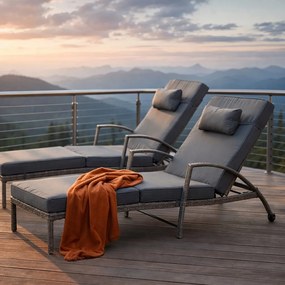 Zestaw 2 leżaków ogrodowych technorattan Ravello XL2505, jasny brąz, poduszki szare
