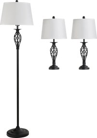 Zestaw 3 lamp HOMCOM: 2 lampy stołowe (ø38 x 158H cm) + 1 lampa stojąca (ø30 x 62H cm), metal, PS, poliester, bawełna, styl vintage, czarny+biały