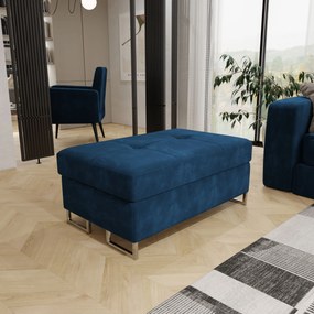 Luksusowa PUFA BARLET, eleganckie wykonanie w niebieskiej welurowej tkaninie, pojemny schowek z automatem