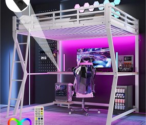 Łóżko piętrowe 140×200 cm - z oświetleniem LED - z biurkiem - gniazdko + USB - ze schodami - białe