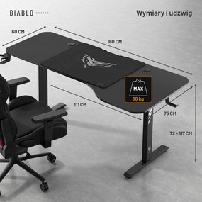 Biurko z regulacją wysokości DIABLO X-TENSIO 1600 czarne