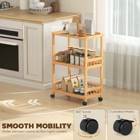 HOMCOM Wózek kuchenny na kółkach z 3 poziomami, wózek serwisowy z miejscem do przechowywania, regał kuchenny na kółkach, do kuchni, łazienki, biura, naturalne drewno | Aosom PL