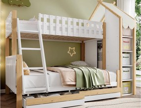 Łóżko piętrowe 90x200cm + 140x200cm - z drabiną - 2 szuflady - z półką - biały + naturalny (materac nie jest w zestawie)