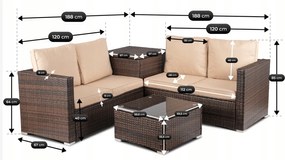 Zestaw mebli ogrodowych Savero, narożnik modułowy ze skrzynią, brązowy technorattan, poduszki beż