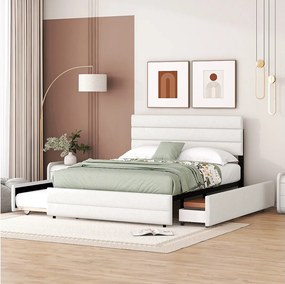 Łóżko wysuwane 140x200 cm - Łóżko małżeńskie z 2 szufladami i regulowanym zagłówkiem - pościel beżowa - materac nie jest wliczony w cenę