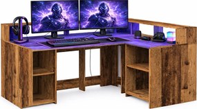 Biurko komputerowe narożne z nadstawką LED stare drewno K4-C89