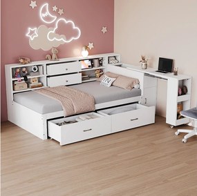 Sofa dziecięca rozkładana - 90 x 200 cm - z półkami do przechowywania + 2 szuflady + wysuwane biurko - drewno - biała