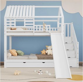 Łóżko piętrowe dla dzieci ze schodkami do przechowywania i zjeżdżalnią - 90 x 200 cm*2 - z barierką zabezpieczającą i szufladą - sosna i MDF - białe